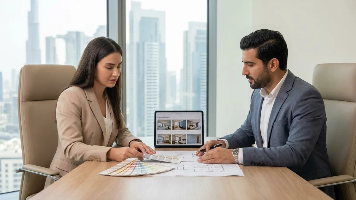 A homeowner discusses project details and quotes with a professional painting contractor in Dubai.